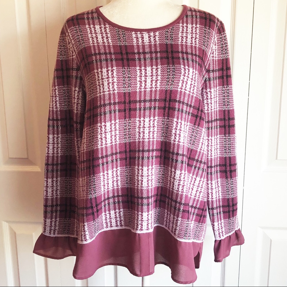Elle Mulberry Purple & White Plaid Print Layered Pullover Sweater Large